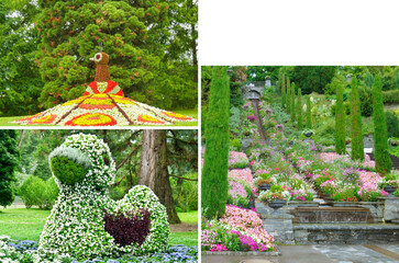 Floral figures of ducks and a peacock, a staircase with luxurious flowers and a waterfall on the...