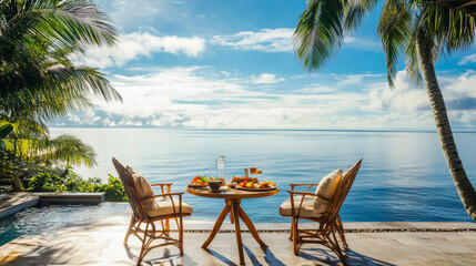 Stylish outdoor breakfast for two at a tropical luxury hotel overlooking the ocean