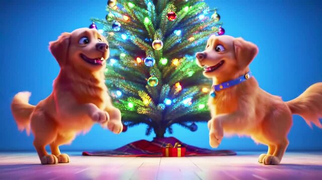 Two animated golden retriever dogs joyfully dancing in front of a christmas tree with colorful ornaments and gift on a bright holiday background. concept of festive spirit, joyful celebration