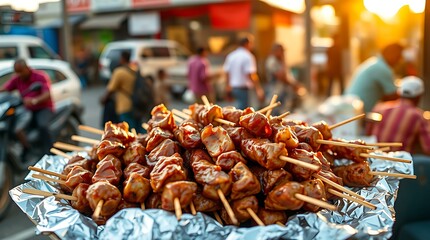 Nigerian suya skewers on foil at a Lagos roadside vendor