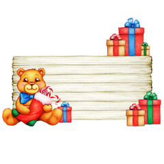 wooden board with teddy with stocking and christmas presents