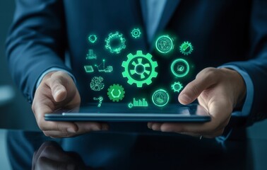 Modern Businessman Interacting with Digital Technology and Icons