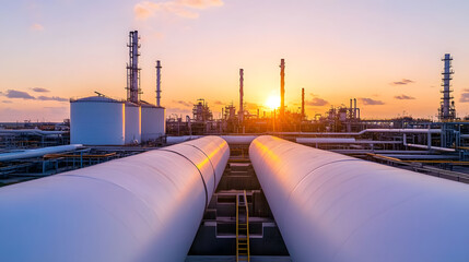 Aerial view of vibrant oil refinery at sunset with large pipelines reflecting warm light and industrial towers silhouetted against colorful sky, showing energy infrastructure