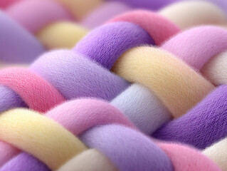 modern and abstract 3d rendering illustration showcasing a macro view of interwoven strands of soft, colorful fabric with subtle variations in light and shadow,