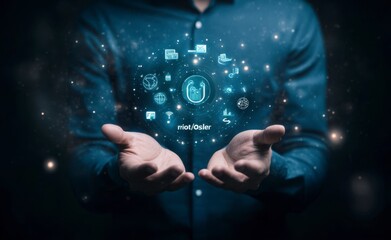 Hands Holding Digital Icons Representing Technology and Security Concepts