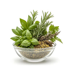 Fresh Herbs and Spices in Glass Bowl Culinary Herbs, Rosemary, Basil, Thyme, Parsley, and Dried Herbs