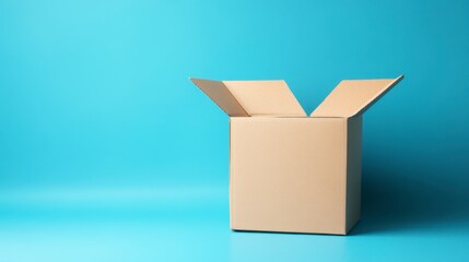 Open Cardboard Box on Blue Background with Space for Text or Items
