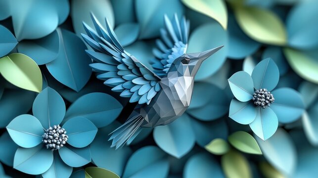 Blue hummingbird in flight, surrounded by paper flowers