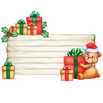 wooden board with teddy with christmas presents
