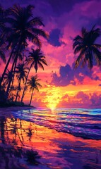 Silhouetted palms face a vibrant sunset casting colorful reflections along this warm ocean beach
