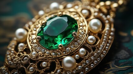 Baroque elegance captured in a stunning emerald brooch framed by luminous pearls and intricate gold details, evoking opulence and artistry in every facet