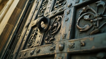 Intricate medieval ornamentation adorns an ancient gate, showcasing artistry and craftsmanship with sharp shadows highlighting each detail