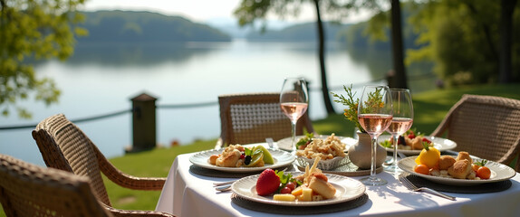 Capture elegant lake and river picnics arranged with gourmet culinary selections scenic water views and refined outdoor dining experiences that epitomize sophisticated leisure and natural elegance in 