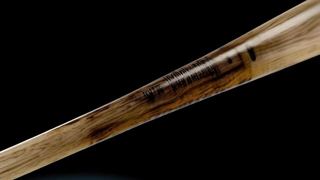 Close-up of a wooden baseball bat with natural wood grain pattern against a dark studio backdrop.
