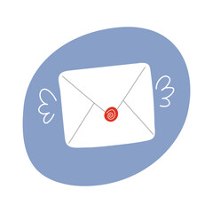 Cute flying envelope with red wax seal. Hand-drawn mail icon with wings, isolated on white background. Minimal flat vector illustration for email, message, communication, or postal service concepts