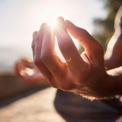 Close-Up of Hands in Mudra Pose with Sunlight