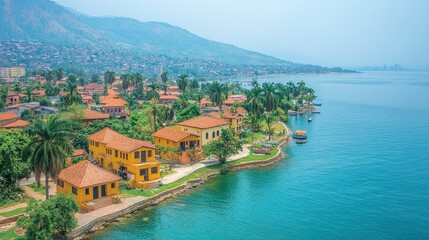 Lakeside townhouses with teal water and hazy mountains. Lush green vegetation surrounds colorful buildings