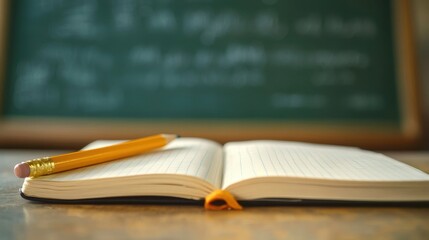 Open notebook rests on a school desk with a pencil nearby, soft focus on a chalkboard creating a nostalgic classroom atmosphere in warm light