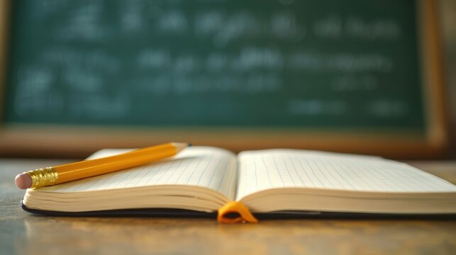 Open notebook rests on a school desk with a pencil nearby, soft focus on a chalkboard creating a nostalgic classroom atmosphere in warm light