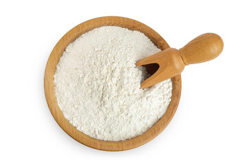 White flour in wooden bowl and scoop isolated on white background. Top view. Flat lay.