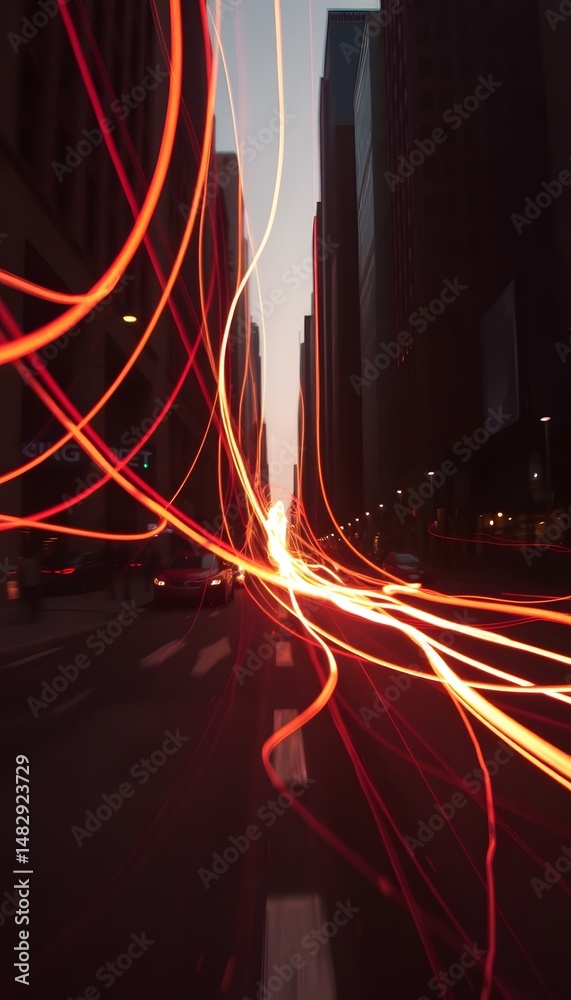 Aufkleber peach fuzz light streaks illuminate the city night, dynamic movement shown by abstract trails of col