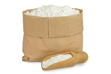 White flour in a paper bag and wooden scoop isolated on white background