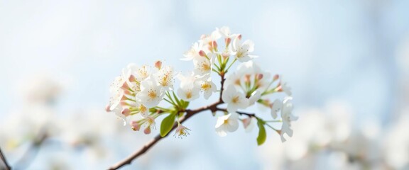 Obraz premium Delicate white spring blossoms softly focused against a shimmering light blue background with bokeh, serenity, blooms