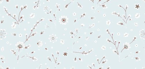 Delicate, seamless doodle botanical pattern in pale dusty blue and white; abstract floral, wintery feel, plants, seamless