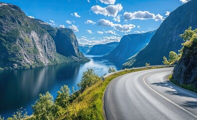 Scenic fjord road winding through mountains