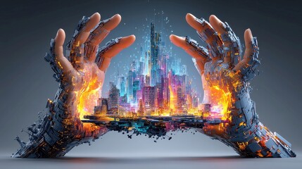 Futuristic Hands Guarding Time, a vivid portrayal of advanced technology shielding the essence of time amid the backdrop of dynamic economic growth and progress.