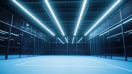 Indoor padel court illuminated by bright fluorescent lights, showcasing a clean industrial atmosphere and soft shadows in a modern sports facility