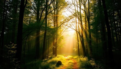 Fototapeta premium A serene forest scene bathed in golden sunlight