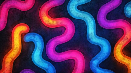 Abstract design with vibrant, wavy lines on a dark background.