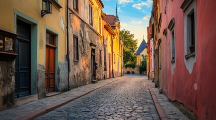 Charming cobblestone alleyway in a historic European town