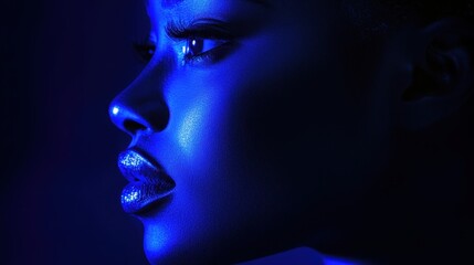 Obraz premium Female android face illuminated by side blue ambient light in a futuristic lab with metallic textures, showcasing advanced technology and design aesthetics