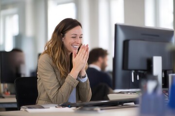Obraz premium Employee Reacting to Virtual Applause on Office Screen