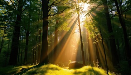 Naklejka premium A serene forest scene bathed in golden sunlight