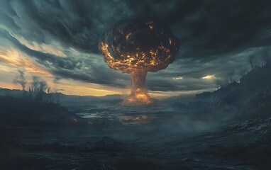 A massive nuclear explosion rises ominously under dark, stormy skies over a desolate landscape