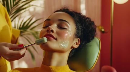 Beauty therapist using jade roller during facial