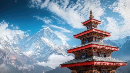 Majestic temple structure against a backdrop of snowy peaks.