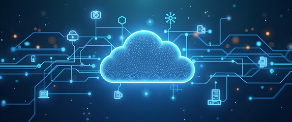 Photo realistic vector illustration showcasing the integration of cloud computing and edge computing, featuring network and device icons that emphasize efficiency and real-time processing in a cohesiv