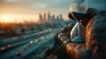 Naklejka premium Hourglass of Opportunity, an hourglass suspended between hands, shimmering city lights create a vibrant backdrop, symbolizing the value of time in a bustling urban landscape
