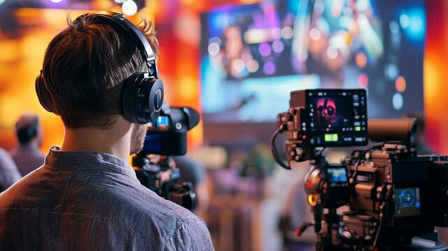 Cameraman capturing vibrant event atmosphere in dynamic scene