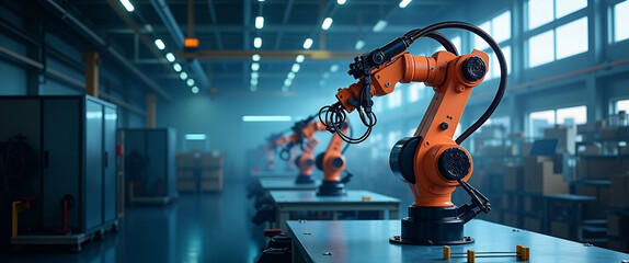 High-Precision Industrial Robotic Arms: Innovative Automation Solutions for Enhanced Production Speed and Quality - Stock Photos with Left-Side Empty Space for Customization
