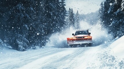 A snowplow clears a snowy road, prominently featuring a large yellow blade at the front.