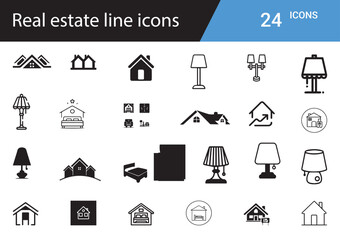 Real Estate Icons set Property, Home, Rent, Sale, Realtor, Investment, Building, Apartment, Mortgage, Lease, Contract, Location, Housing, Agent, House, Deal, Map, Buyer, Seller, Loan, Ownership, Key
