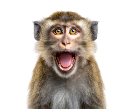 A funny monkey isolated on a transparent background, with a funny face and a laughing mouth open wide