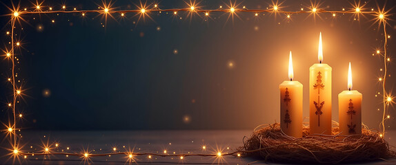 Epiphany Frame with Sacred Candles and Stars - Perfect for Personal Messages, Ample Empty Space on Left Side, Ideal for Celebrating the Epiphany Season in Photo Stock