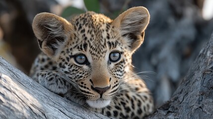 Obraz premium Young leopard cub rests playfully on a weathered tree branch, surrounded by the lush greenery of its forest home, showcasing the beauty of wildlife in a natural setting