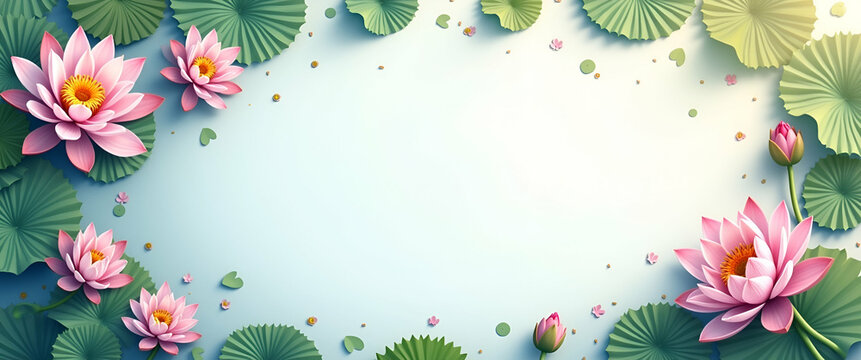 Lotus flower and meditation pose border frame with copy space for World Mental Health Day mindfulness messages concept as Lotus flower paired with meditation pose forming a border with central copy sp - Powered by Adobe